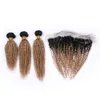 Dark Root # 1b / 27 Honey Blonde Ombre Indian Virgin Menselijk Haar Weave Bundels met Lichtbruin Ombre 13x4 Kant Frontale Sluiting 4pcs Lot