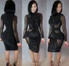 Verão Sexy Mulheres Manga Longa Bodycon Turtleneck Hollow Out Transpartant Casual Party Noite Curto Dress