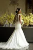 Amazing 2020 African Style Lace Wedding Dresses Sheer Neck Back Covered Buttons Bridal Gowns Plus Size Sweep Train robe de mariee239R