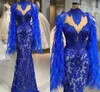 Bleu royal dentelle sirène robes de bal plumes manches longues col haut robes de soirée longueur de plancher robe de soirée formelle