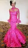 Neue Fuchsia Meerjungfrau Abendkleider High Neck Sheer Long Sleeves Kleid Formale Kleid Pageant Prom Party Kleid Angepasst vestidos robe