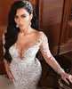 2019 Lüks Seksi Arapça Gelinlik Mermaid Boncuk Nakış Gelin Elbiseler Sheer Boyun Uzun Kollu Gelinlikler ZJ194