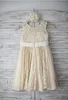 2019 Lovely Real Image Champagne Lace Flower Girl Dresses Removable Bow Sash Sleeveless Jewel Vintage Knee-length Kid's Gowns