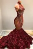 2019 Stunning African Mermaid Prom Dresses Burgundy Long High Neck Beading Crystal Ruffles Flowers Women Sexy Pageant Party Gowns Vestidos