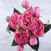 30cm Rose Pink Silk Peony Artificial Flowers Bouquet 5 Big Head and 4 Bud Fake Flowers for Home Wedding Decoration indoor Holding flowers