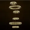 Luxury Modern LED Crystal Chandeliers Long Indoor Staircase Crystal Lighting 6 Rings Round Ceiling Light Fixtures