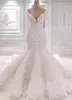 Luxuriöse Meerjungfrau-Brautkleider aus Saudi-Arabien, U-Ausschnitt, volle Spitze, applizierte Kristalle, lange Kathedralenschleppe, Hochzeits-Brautkleider BC0221
