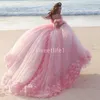 Różowe sukienki Quinceanera księżniczka Kopciuszek formalny długi suknię balową sukienki wieczorowe Kaplica Pociąg z ramion 3D Flower279Q