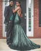 Green Sparkly Dak Sequin Prom Dresses Sexy Backless Sweep Train Spaghetti Straps African Black Girl Celebrity Party Gown Formal Evening Wear