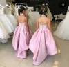 2020 Cheap rosa Flower Girl Dresses Halter Alto Basso Lace Appliques raso di lunghezza del pavimento bambini abiti di nozze prima S. comunione abiti