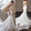Spaghetti Backless Mermaid Wedding Dresses Satin Lace Applique Sweep Train Wedding Bridal Gowns Custom Cheap