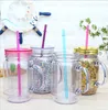 Sap Suyu Cup ile Kapak ve Hasır Yaz Drinkware Mason Jar ile Yeni 15oz Yaratıcı Pullarda Plastik Şişe