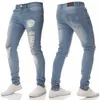 Mens Casual Skinny Jeans Pants Solid Black Ripped Beggar Fit Denim With Knee Hole For Youth