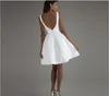 Sexig design En linje Scoop Knee Längd Korta Bröllopsklänningar Vit Satin Bow Tillbaka Billiga Backless Bröllopsmottagning Party Gowns