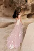 Katherine Joyce Pink A Line Wedding Dresses Jewel Neck Short Sleeve Appliques Tulle Wedding Dress Sweep Train Boho Bridal Gowns