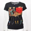 Las mujeres del Rhinestone Tops Apliques rojo del corazón camiseta de las mujeres manga corta femenina Imprimir Poleras De Mujer Camisas Femininas