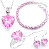 LuckyShine 925 Sliver Pink Heart Crystal Zircon Jewelry Sets Earring Pendants Rings Bracelet For Women Fashion Bride Engagement Sets NEW