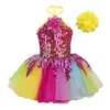 Bühnenkleidung ChicTry Kinder Mädchen Pailletten Blumenapplikation Buntes Ballett-Tutu-Kleid Kinder Neckholder Performance Jazz Dance Kostüme Set1