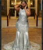 Silver Plus Size Prom Dresses Jewel Neck Lace Appliques Sleeveless Mermaid Formal Evening Dresses Sweep Train Fashion Cocktail Party Gowns