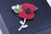 새로운 디자인 이벤트 파티 용품 영국 기억 일 선물 골드 톤 레드 크리스탈 양귀비 핀 브로치 그린 잎 꽃 브로치