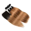 1b 30 dunkle blonde Bündel mit Verschluss Gerade Haar Ombre dunkle wurzeln brasilianische remy menschliche haarverlängerungen 4 bündel mit 4x4 spitze schließung