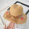 다색 민족 스타일 밀짚 모자 여성 넓은 괄호 모자와 화려한 술