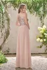 A-lijn roségouden pailletten top lange chiffon strand bruidsmeisje jurken halter backless ruches blush roze bruidsmeisje jurken dh5005