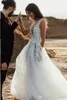 Sexy Romantic Beach Bohemian A-Line Wedding Dresses Cheap Sleevesless Deep V Neck Layered Train Zipper Back Bridal Gowns Custom Made