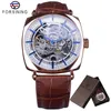 Forsining Brown Watch relógio genuíno de couro clássico design masculino assistir Top marca Luxury Blue Hands Royal Automatic Mechanical Watches