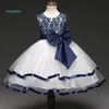 Janeygao 2019 New Arrival Flower Girl Sukienki z łuk Blue Party Dress dla małej dziewczynki Ładna elegancka formalna letnia suknia