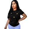 T-shirt quente de verão feminino Tops Tees Nova manga curta casual elástica frisada borboleta decoração em torno do pescoço grande tamanho feminino vestuário s-3xl