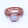 Vecalon vintage jóias anel set 3ct 5a zircon cz rosa ouro enchido 925 aniversário de prata aniversário de casamento para mulheres homens