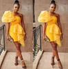 2021 Chic Gold Short Prom Dresses One Shoulder Sleeve Ruched Mini Yellow Tight Evening Gowns Cocktail Party Dress For Women Back Zipper