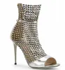 Kobiety Bling Bling Fashion Peep Toe Rhinestone Siatki Krótkie Cienkie Obcasy Buty Wycinane Zipper-Up High Heel Botki Botki