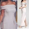 Elegante Marfim Vestidos de Noite Fora Do Ombro Árabe Cristal Reta Frisada de Volta Fenda Tornozelo Comprimento Vestido de Festa Desgaste da Noite 2019 Vestido de Formatura