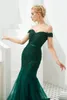 Sexy dunkelgrüne Meerjungfrau-Abendkleider, schulterfrei, mit Perlen, Pailletten, abgestufter Tüll, rückenfrei, Robe de Soiree, formelles Abendkleid