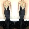 Novidades Vestidos de Baile Sereia Apliques Dourados Lantejoulas Gola Alta Fechadura Frente Vestidos de Noite Longos Custom Made