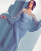 New Sexy Sky Blue Mermaid Evening Dresses Wear Jewel Neck Beaded Pearls Poet Sleeves Lace Sweep Train Sash Celebrity Long Party Prom Gowns