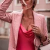 Fatos femininos blazers moda mulheres rosa xadrez blazer terno 2021 escritório senhoras elegantes colarinho entalhado colar de manga casacos meninas conjunto chique