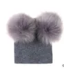 Winter Baby Knit Hat With Two Fur Pompoms Boy Girls Fur Ball Beanie Kids Caps Double Pom Hat for Children