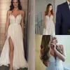 Simplesmente Bohemian Vestidos Wedding Pearls Spaghetti Lace Appliqued vestidos de noiva A Linha Illusion Tulle Side Dividir vestido de casamento de praia