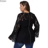 Spring Woman Office Lady Lace Elegant Blue Plus Size 5XL 4XL 3XL BLOUSES SHIRT TOPS HOLLOW OUT BLARE SLEEVE TOPS