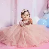 소녀의 드레스 블러쉬 핑크 레이스 파란색 아기 소녀 모자 슬리브 작은 첫 번째 생일 성찬 미인 가운 1