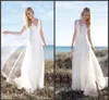 2019 Rembo Styling Beach Bröllopsklänningar med Lace Cap Sleeves Punging Neck Billiga Bröllopklänningar A-Line Golvlängd Chiffon Bröllopsklänning