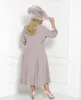 Modern Artı Boyut Gelin Takım Elbise Motorlu Çay Uzunluğu Kepçe Boyun Düğün Konuk Elbise Özel Anneler Damat Elbise Uzun Ceketli
