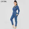 Collar Girl-Down Sexy Denim Jumpsuit 2019 Mulheres Azul profundo V Neck Manga Longa Uma Peça Geral Vintage Senhoras Bolsos Bodysuits T5190614