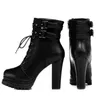 Hot Sale-Black Leather Motorcycle Boots For Women High Platform Thick Heel Ankle Boots Stylish Cool Shoes Christma