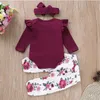 Baby Girl Clothes Solid Romper Headband Flower Pants 3PCS Sets Toddler Girl Outfits Long Sleeve Child Suits Summer Baby Clothing DW5334