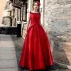 Elegant Womens Evening Party Dresses Crewneck Satin Slim Fit Red Long Full Length Dress Vestidos De Fiesta