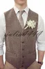 2019 Farm Wedding Brown Herringbone Wool Suit Tweed Coletes Custom Made do noivo Vest Magro casamento Vest Para Homens Plus Size do smoking Colete Homens